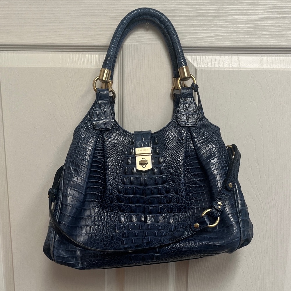 Brahmin Navy Crocodile-Embossed Shoulder Bag